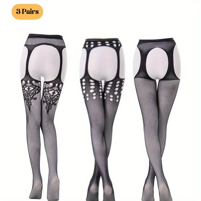Women High Waist Suspenders Black Lace Polka Dot Stretchy Semi-Sheer 3 Pairs