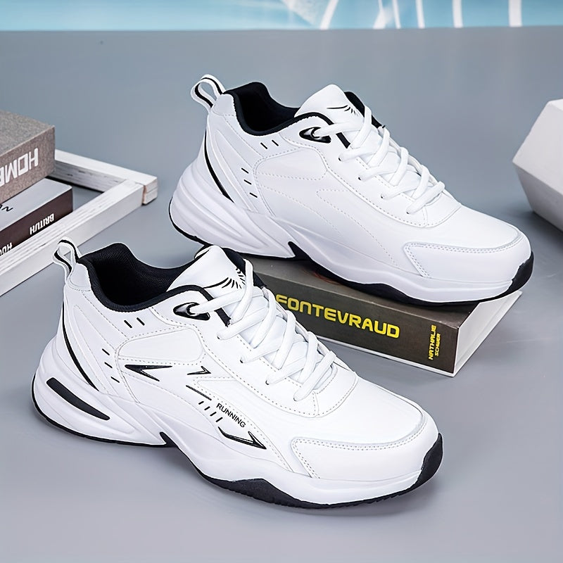 Men's White and Black Casual Sneakers with Lace-Up, PU Upper and TPR Sole