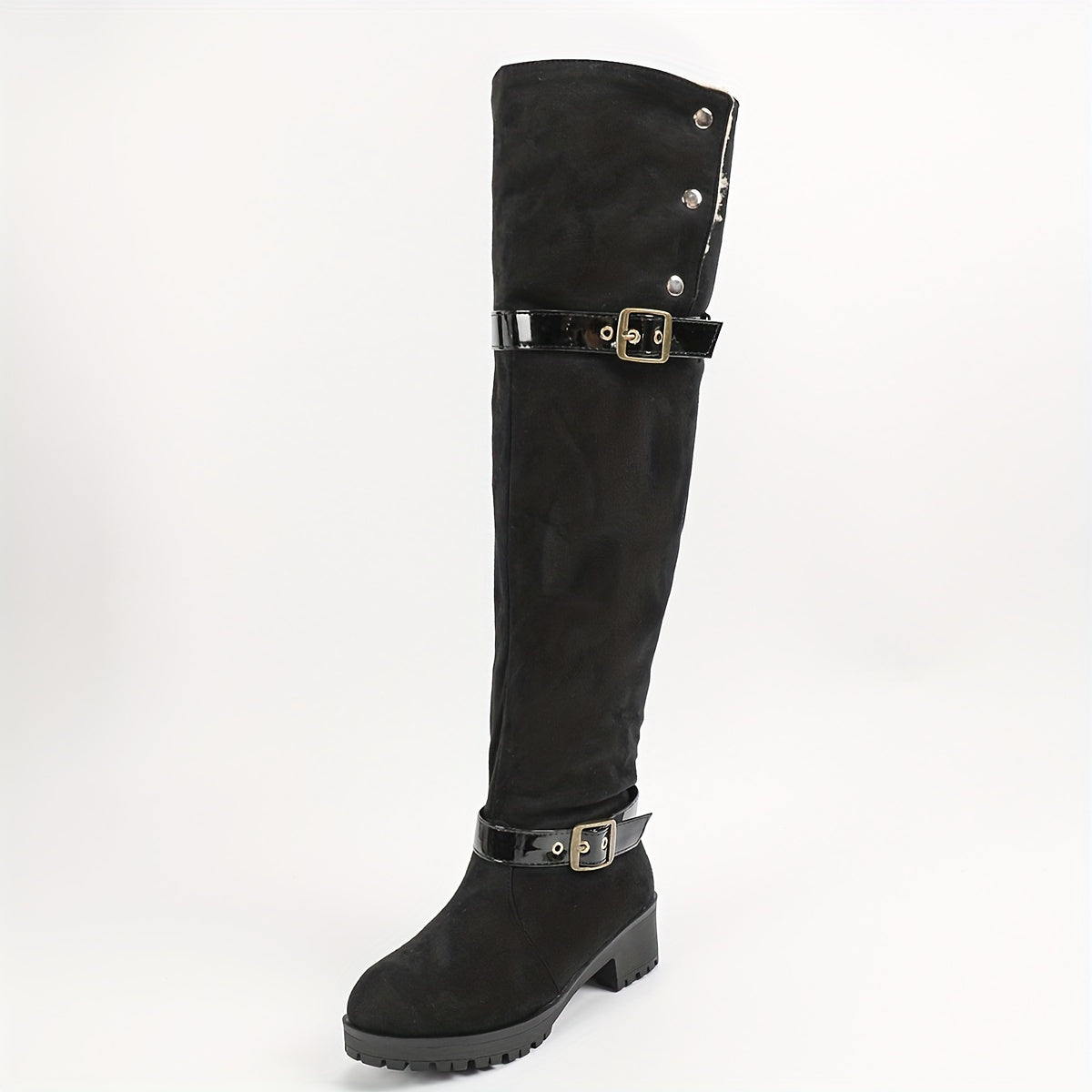 Women's Over-the-Knee Western Boots Buckle Round Toe Winter Lined