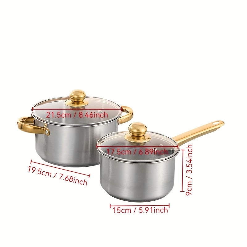 Stainless Steel Cookware Set 4/6 Pieces with Golden Handles Pots and Pans for All Stovetops