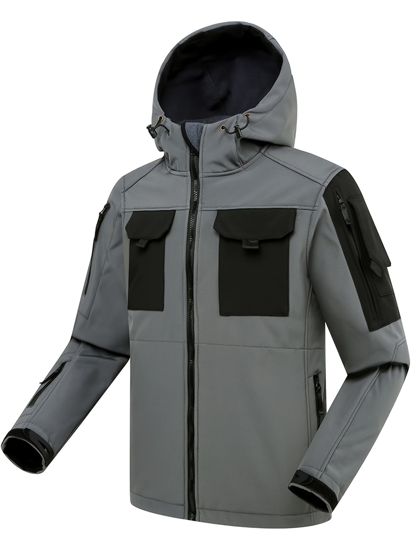 Men's Hooded Jacket with Pockets Waterproof Softshell Outdoor Coat for Hiking and Fishing