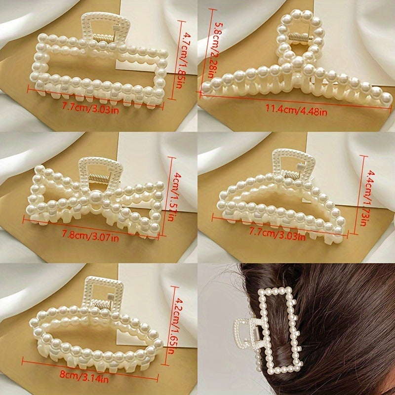 Set of 5 Vintage-Style Imitation Pearl Hair Claws for Women with Plastic Oblong Clips