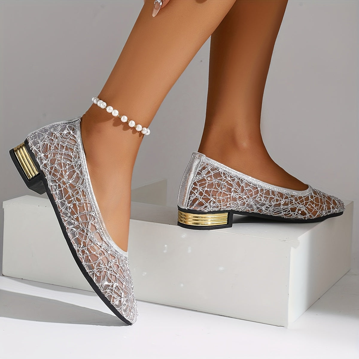 Women's Pointed Toe Ballet Flats Mesh Lace All-Season Slip-On Shoes