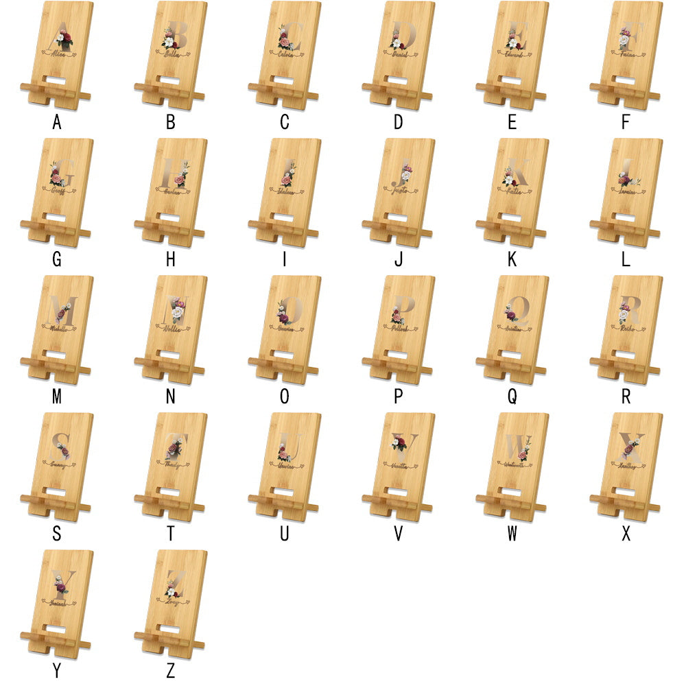 Customized Wooden Phone Stand with Detachable Desk Holder and Engraved Name in Light Brown Cork