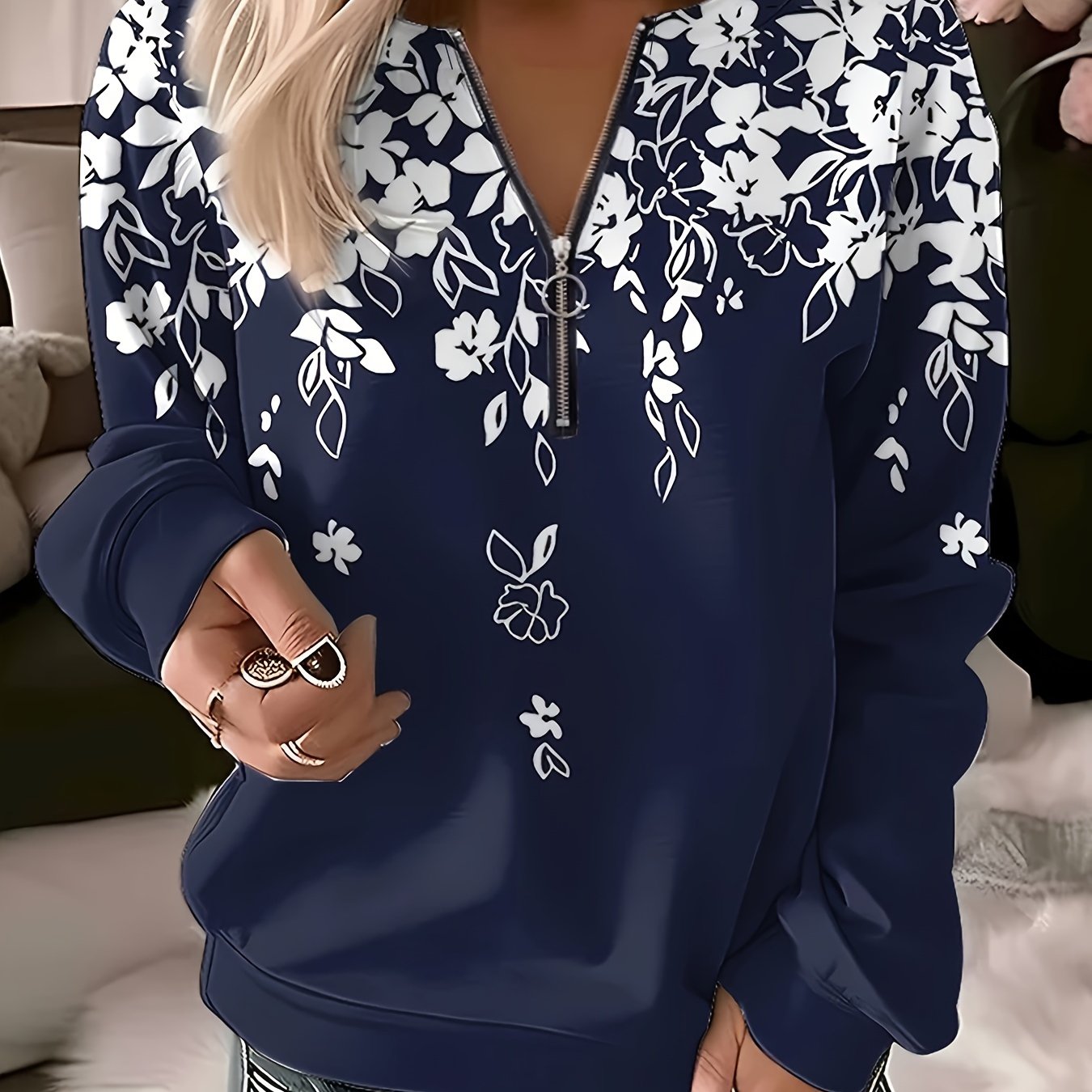 Туника оверсайз с длинным рукавом и цветочным принтом для женщин plus size, с круглым вырезом