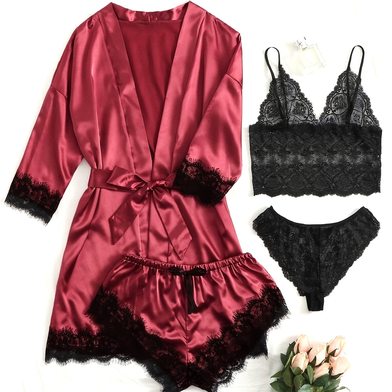 Women's Satin Pajama Set with Lace Detail 5-Piece Sleepwear with Belt in Multiple Colors