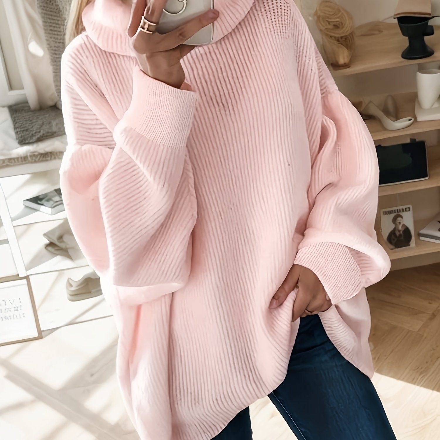 Plus-Size Women's Autumn Winter High-Neck Pullover Sweater Long Sleeve Solid Knit Top