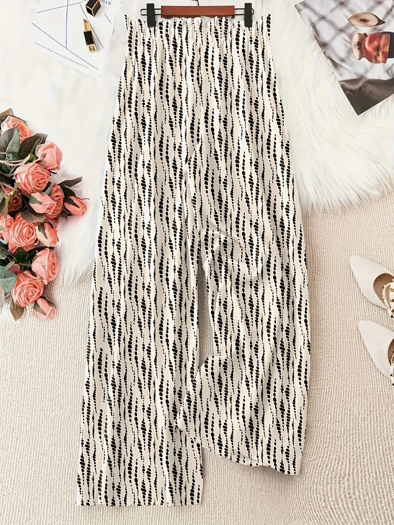 Plus Size Women's Wide-Leg Pants White Black Striped Casual Beachwear