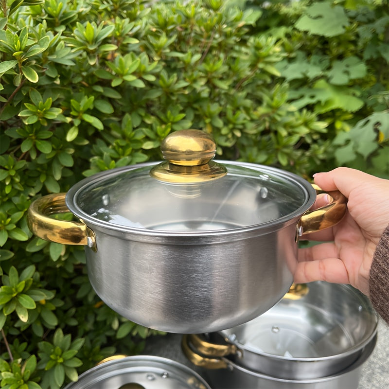 Olla de sopa de acero inoxidable con doble asa para cocinas de inducción, antiadherente y fácil de limpiar