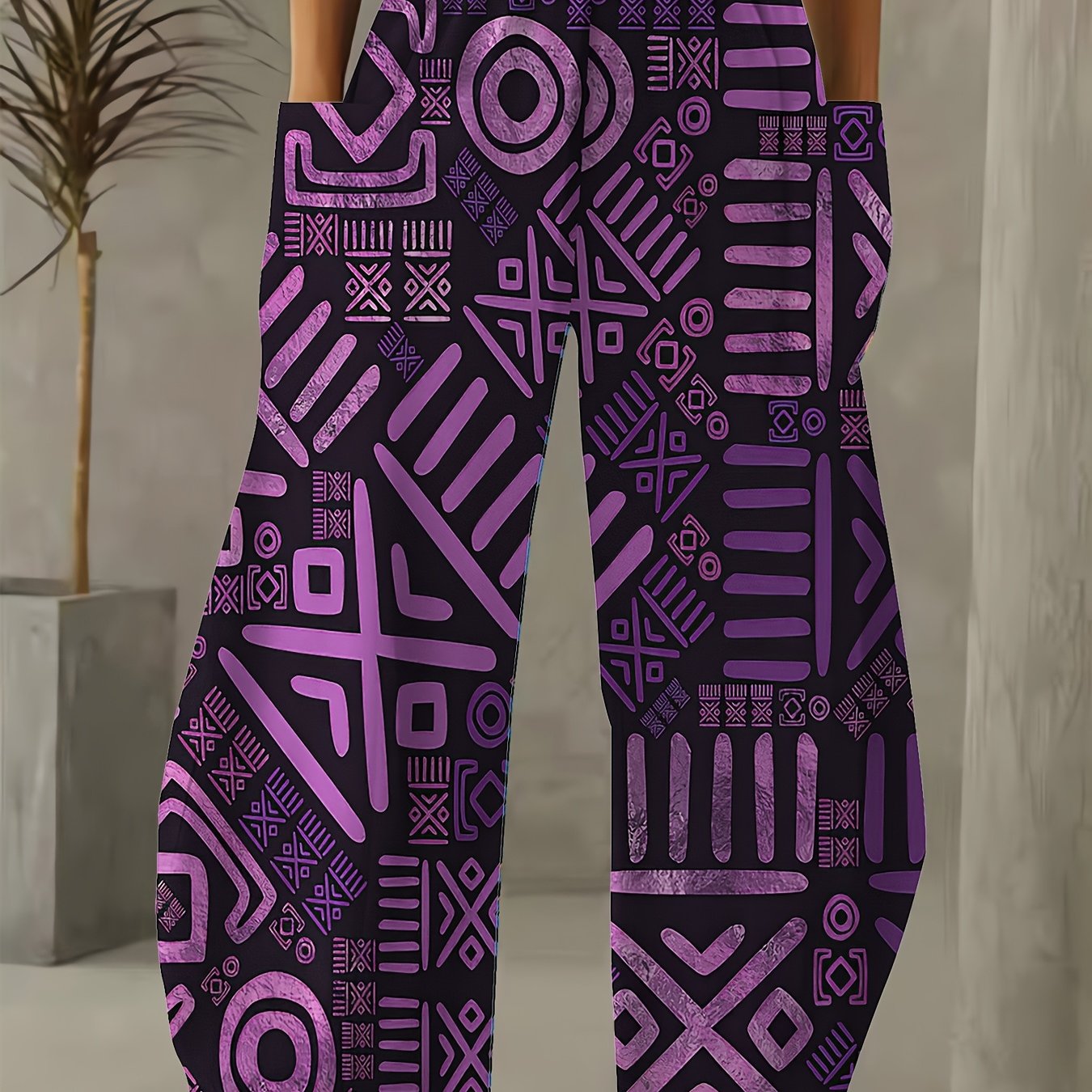 Women Wide Leg Pants Stretchy Polyester Vibrant Geometric Print