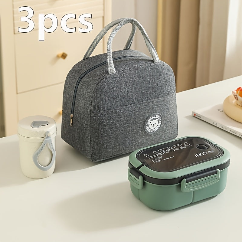 Three-Piece Lunch Bag Set with Inner Compartments and Storage Pouches for School Work Picnics and Camping