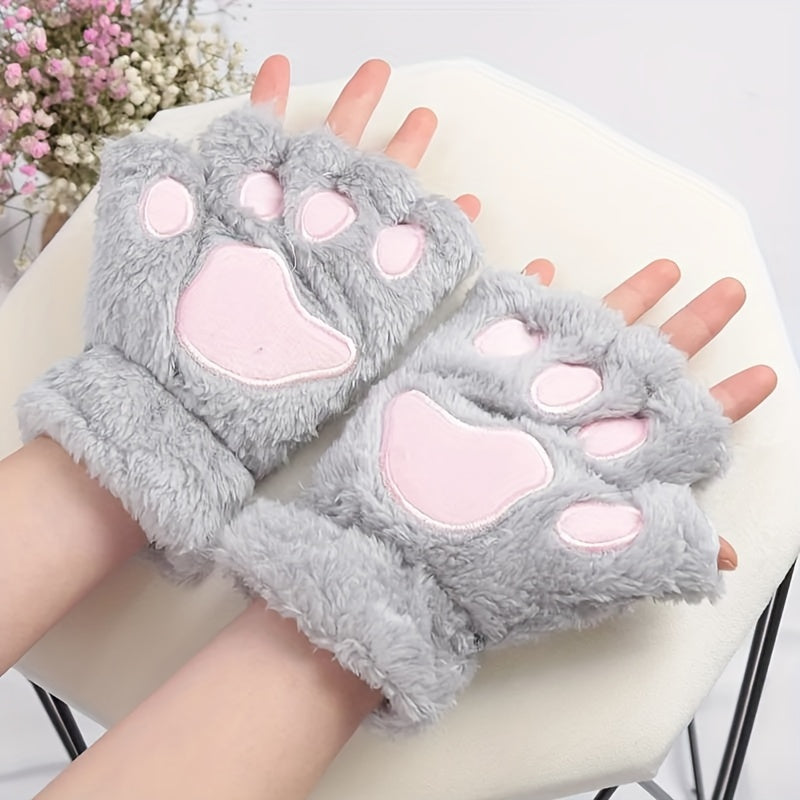 Kawaii Cat Paw Plush Gloves for Women Warm Fleece Half Finger Winter Autumn