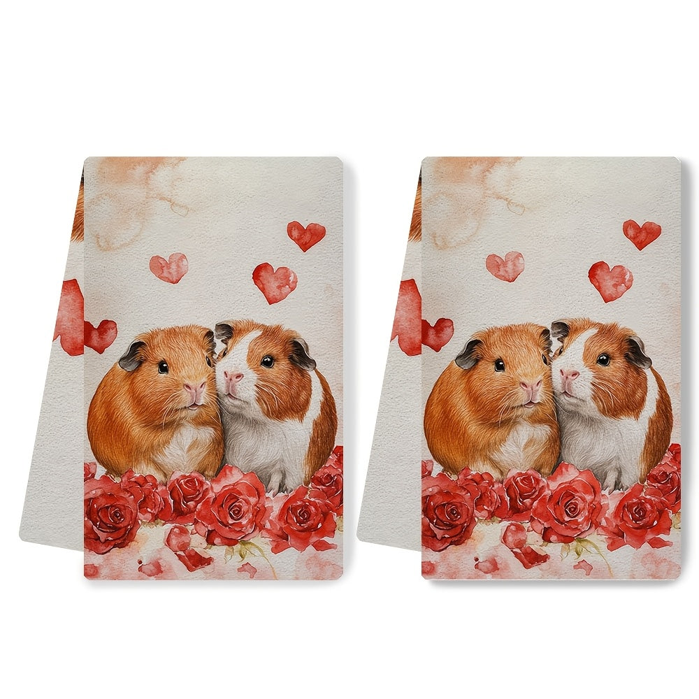 Guinea Pig and Rose Kitchen Towels Set, Soft Absorbent, 40x60 cm, Machine Washable