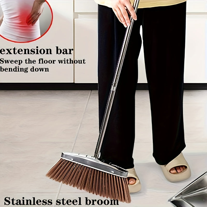 Stainless Steel Broom with Extra-Long Handle for Hard Floors and Outdoor Spaces