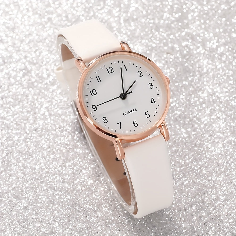 Women’s 6-Piece Quartz Watch and Jewelry Set with Leather Strap and Alloy Case