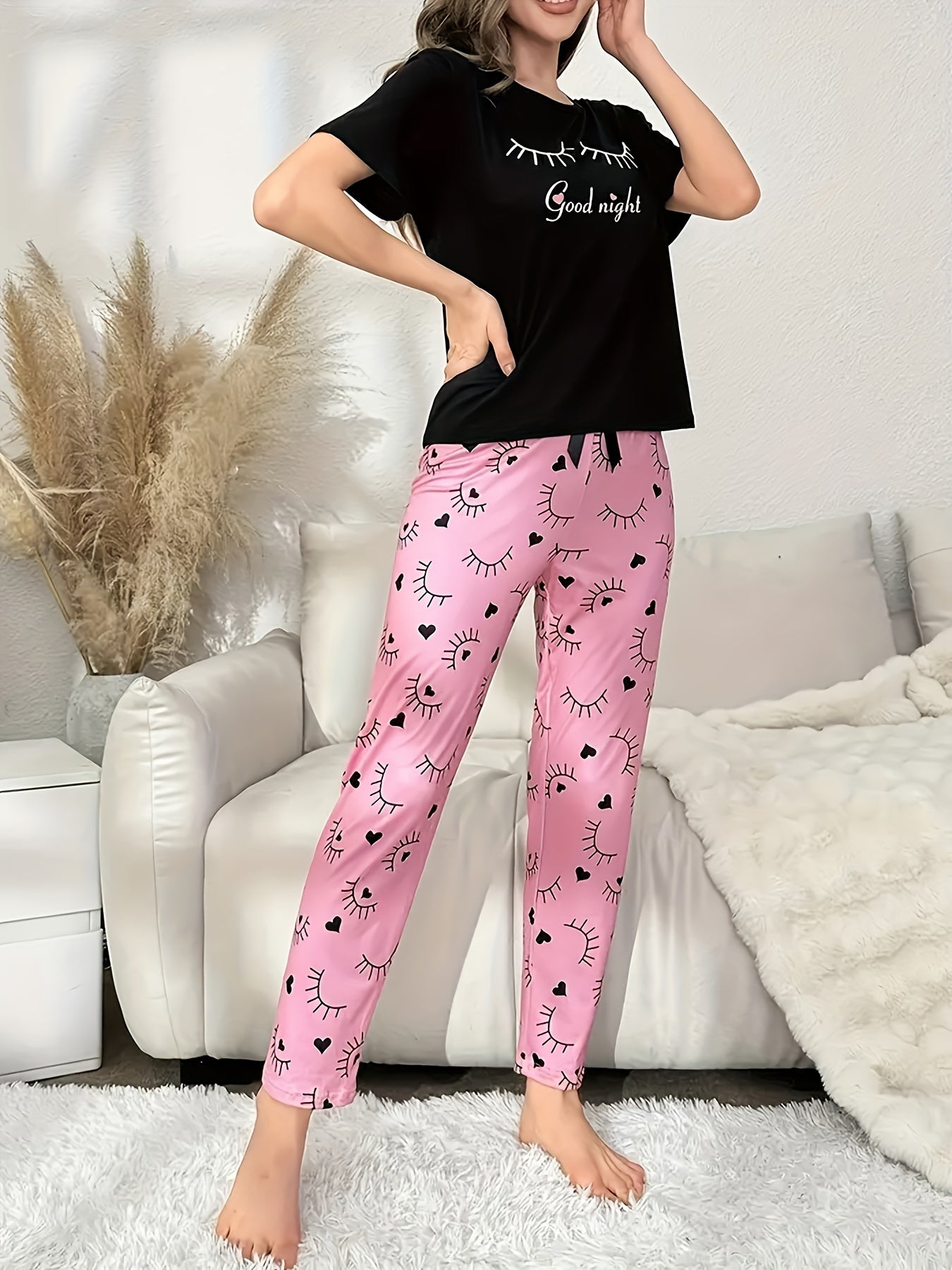 Women's Polyester Knit Pajama Set with Alphabet, Heart, and Eyelash Designs for All Seasons