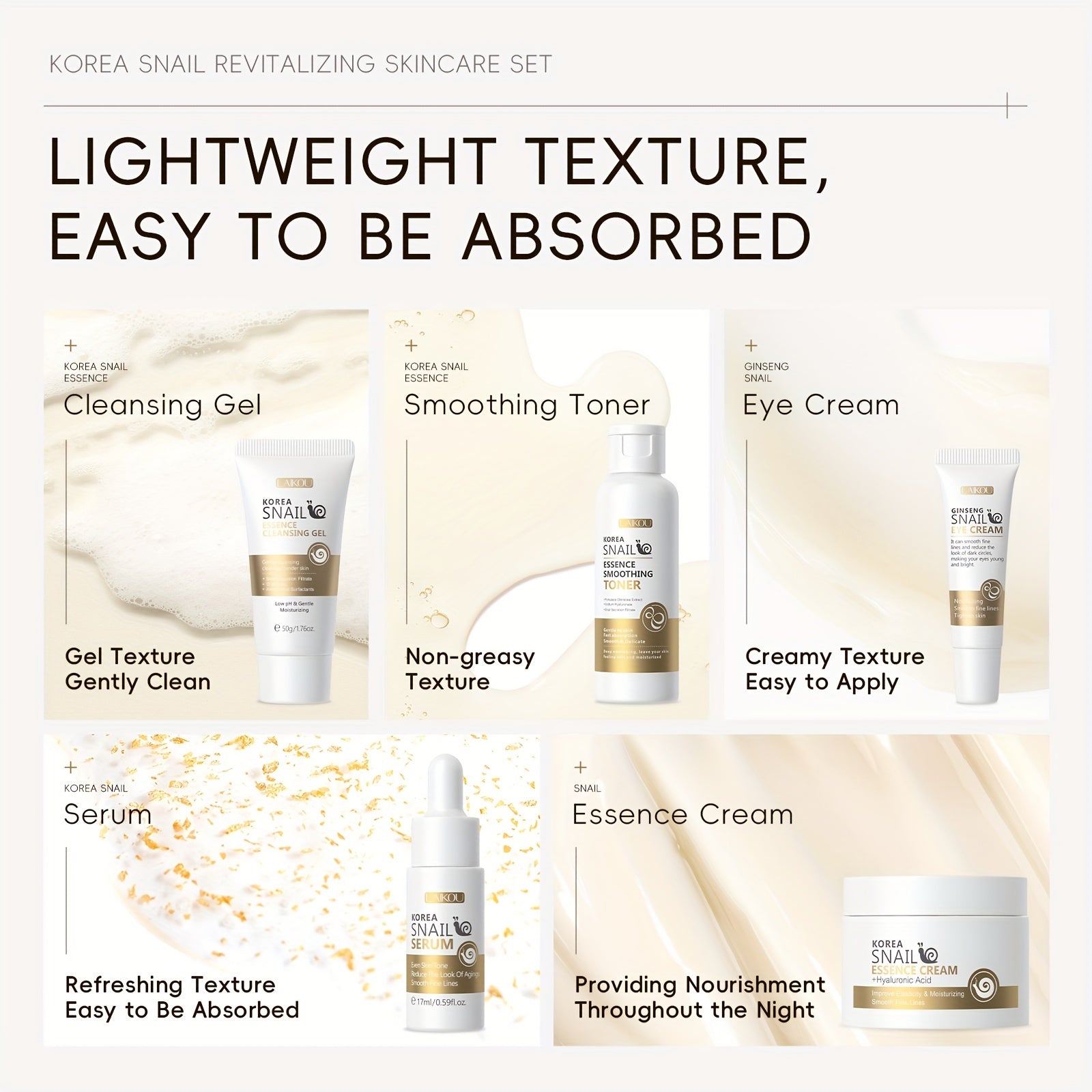 Set de cuidado de la piel con mucina de caracol de 5 pasos para todo tipo de piel, hipoalergénico, hidratante y suavizante