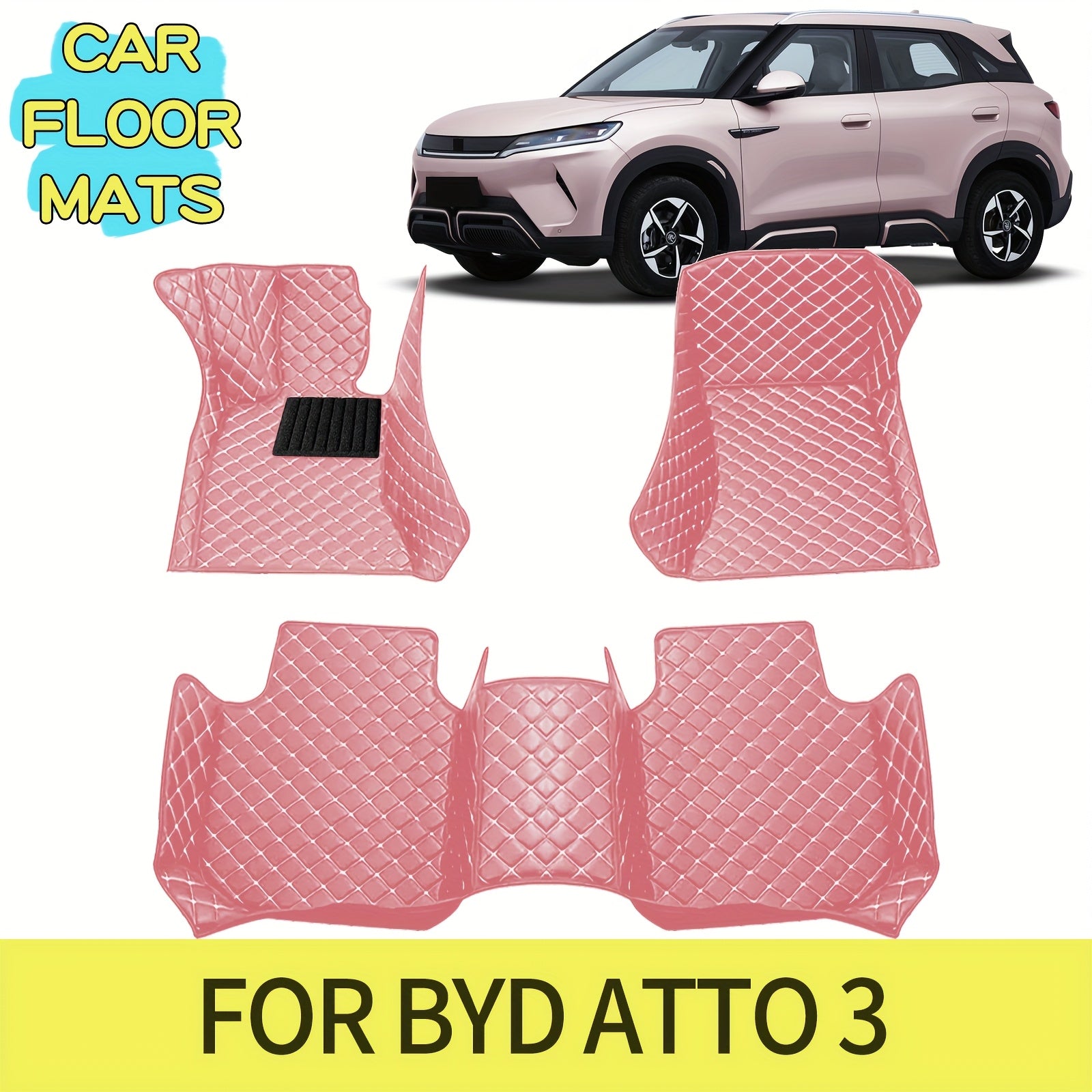 Pink PU Leather Car Floor Mats for SUV Diamond Pattern Waterproof Non-Slip