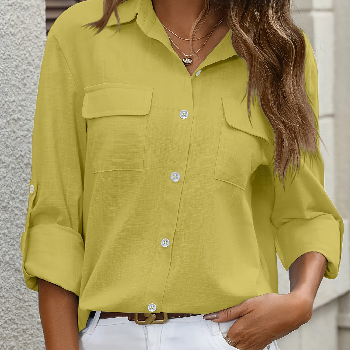 Women's Cotton Long Sleeve Shirt with Pockets and Button-Up Collar