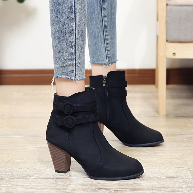 Women Ankle Booties Solid Color Fabric Pointed Toe Block Heel Shoes