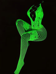 Ayollar uchun Neon yashil tarmoq bodysuit bo‘laklar va cho‘ziladigan qulaylik bilan