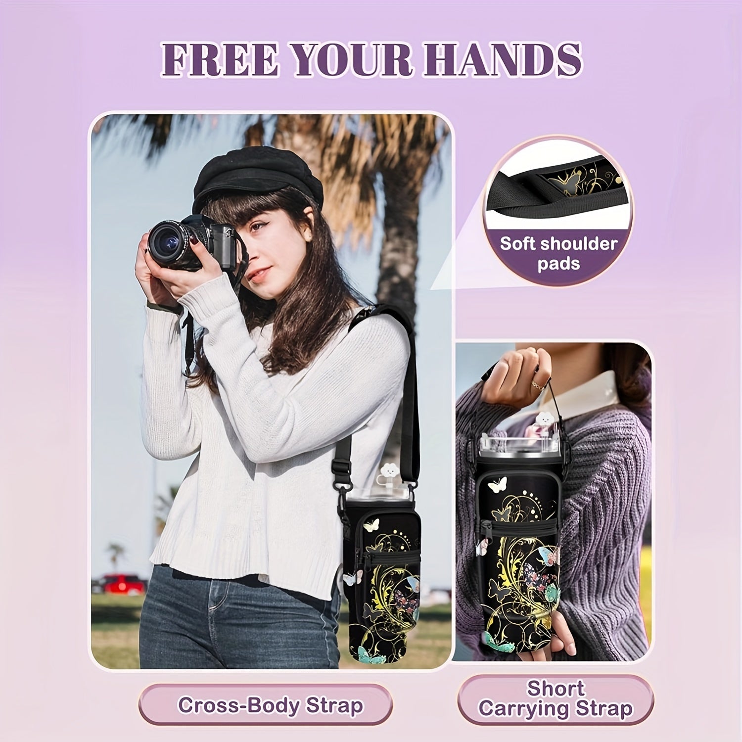 Black Neoprene Cup Holder with Phone Pocket for 40oz Bottles Scratch-Resistant PVC-Free