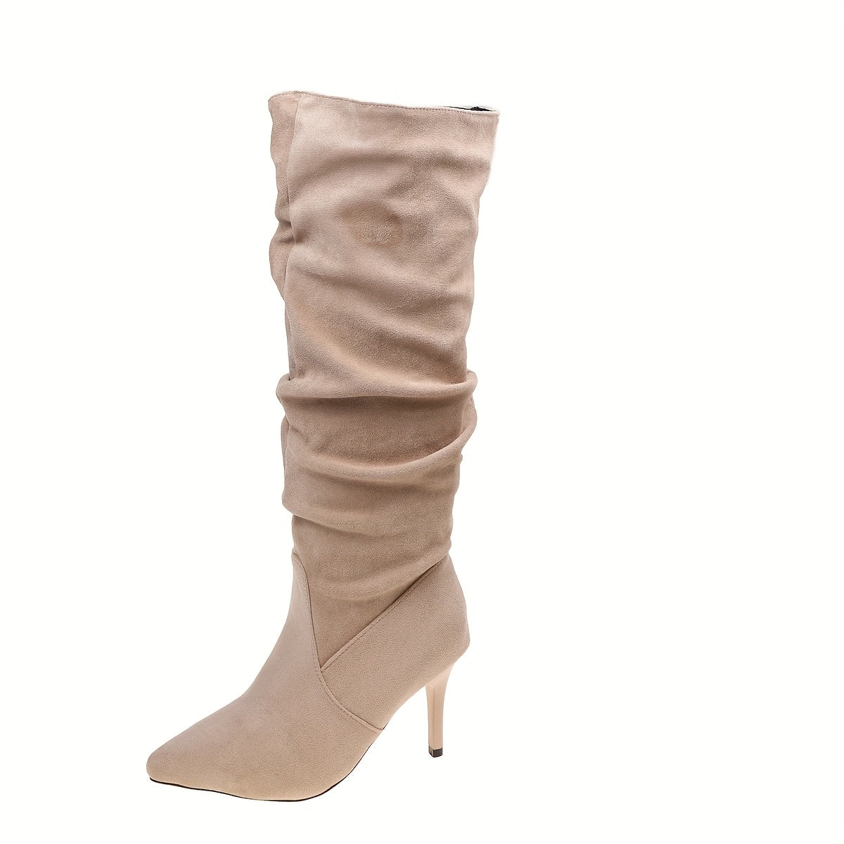 Women's Ruched Knee-High Stiletto Booties with Pointed Toe and Rubber Sole