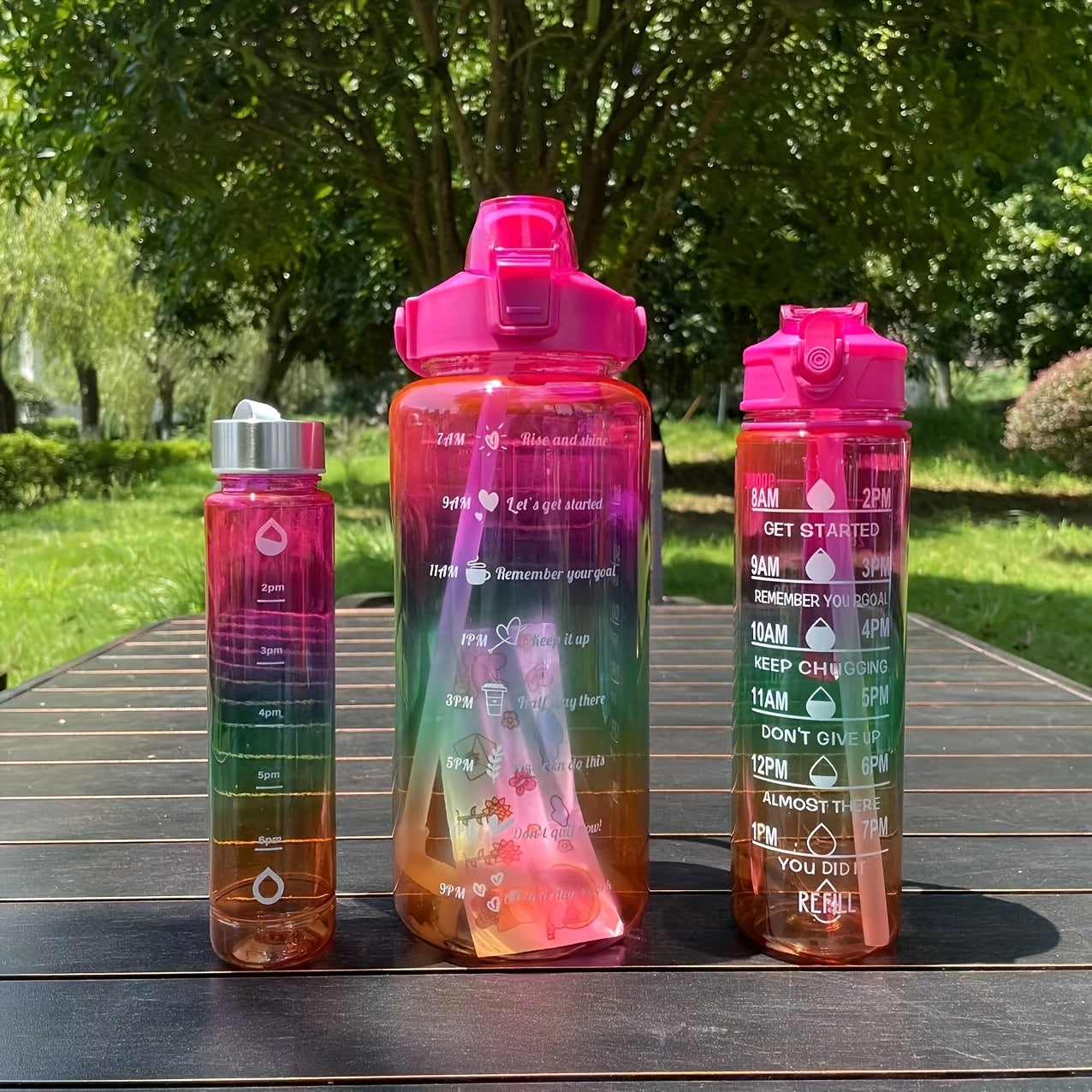 Set of 3 Gradient Color Motivational Water Bottles 64oz 32oz 15oz with Phone Holder