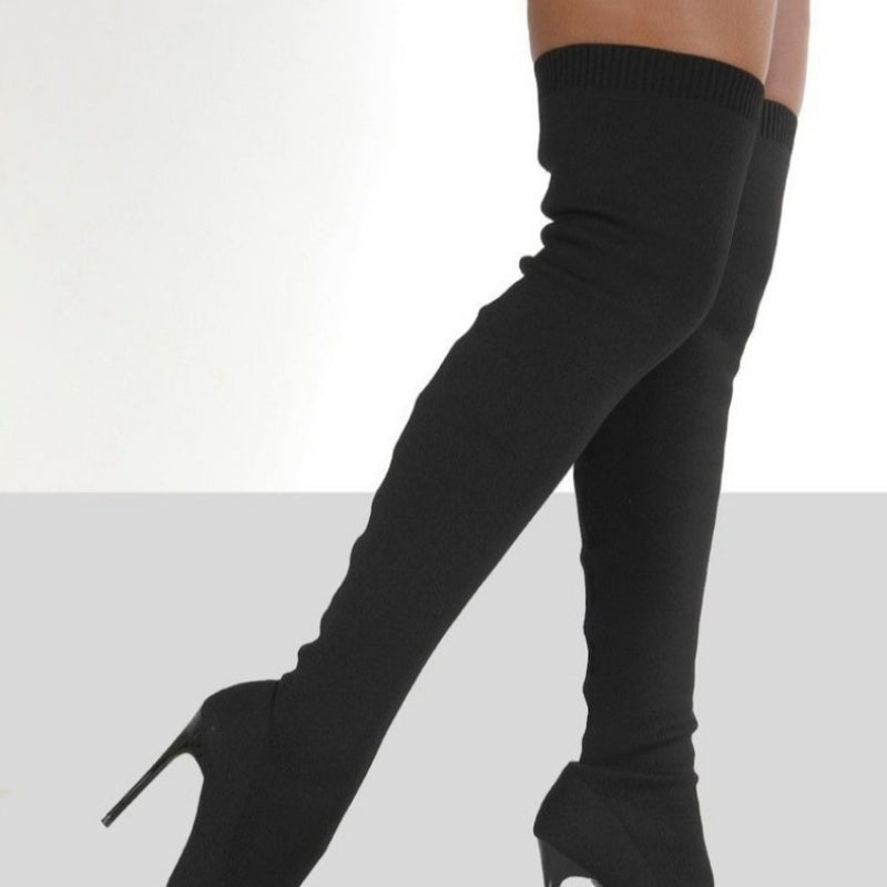 Women's Over-the-Knee Boots Slip-On Stiletto Heels Round Toe Elastic Fabric