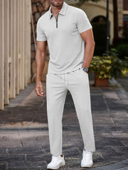 Men's Casual Outfit Polyester Short Sleeve Half-Zip Shirt and Drawstring Pants Summer