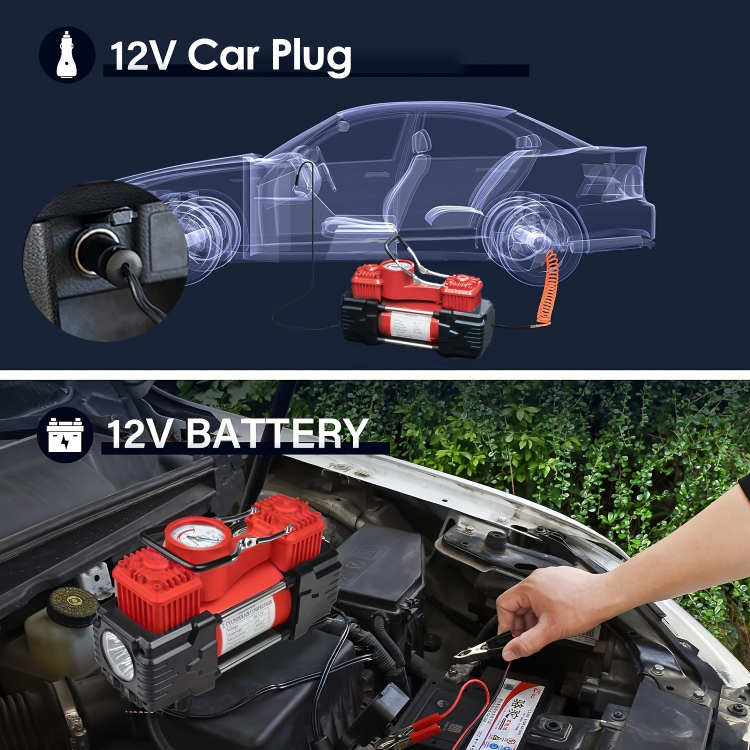 12V Twin Cylinder Air Compressor for Vehicles Bicycles with Accurate Gauge and Emergency Light