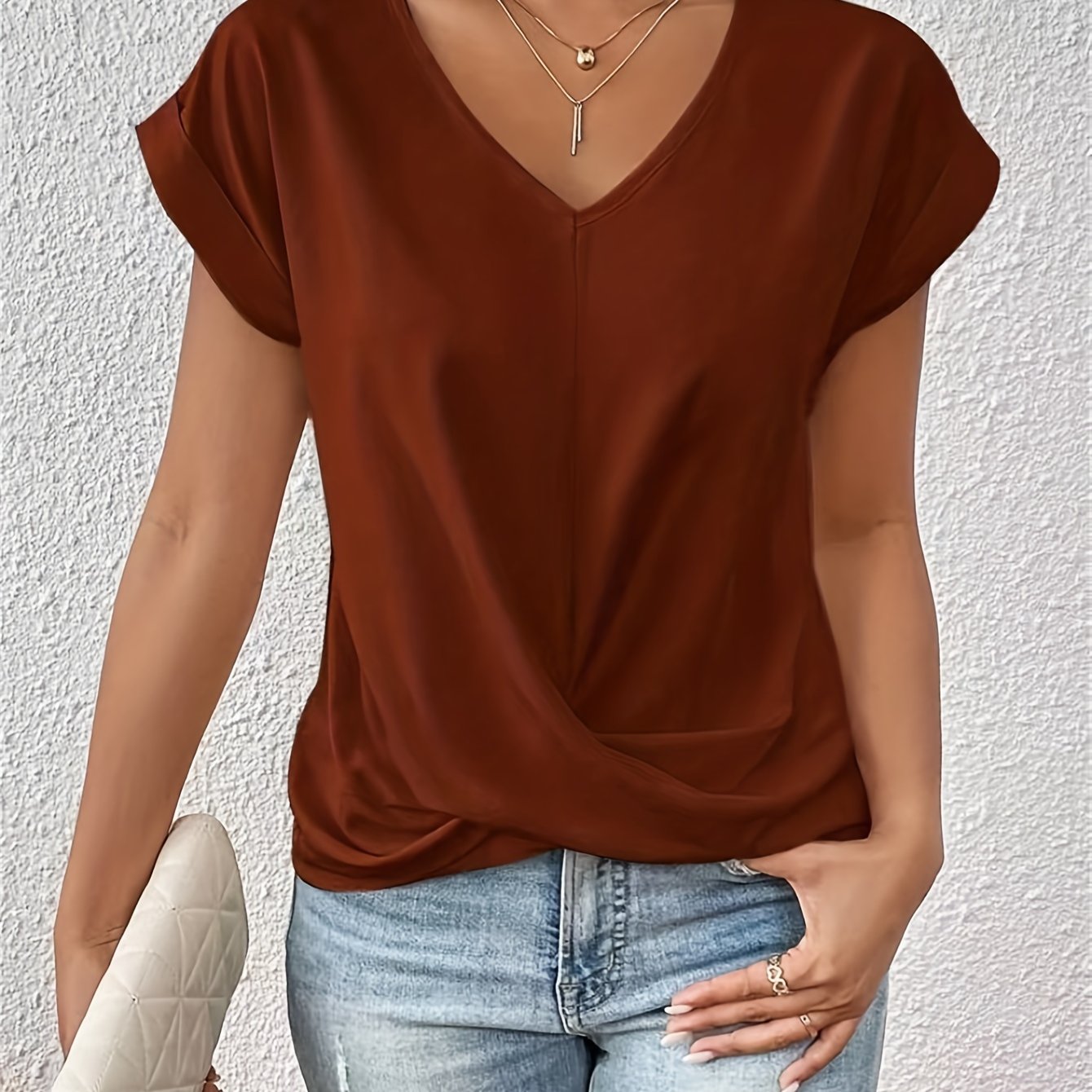 Camiseta de manga corta para mujer de poliéster de color sólido para verano casual con micro elasticidad