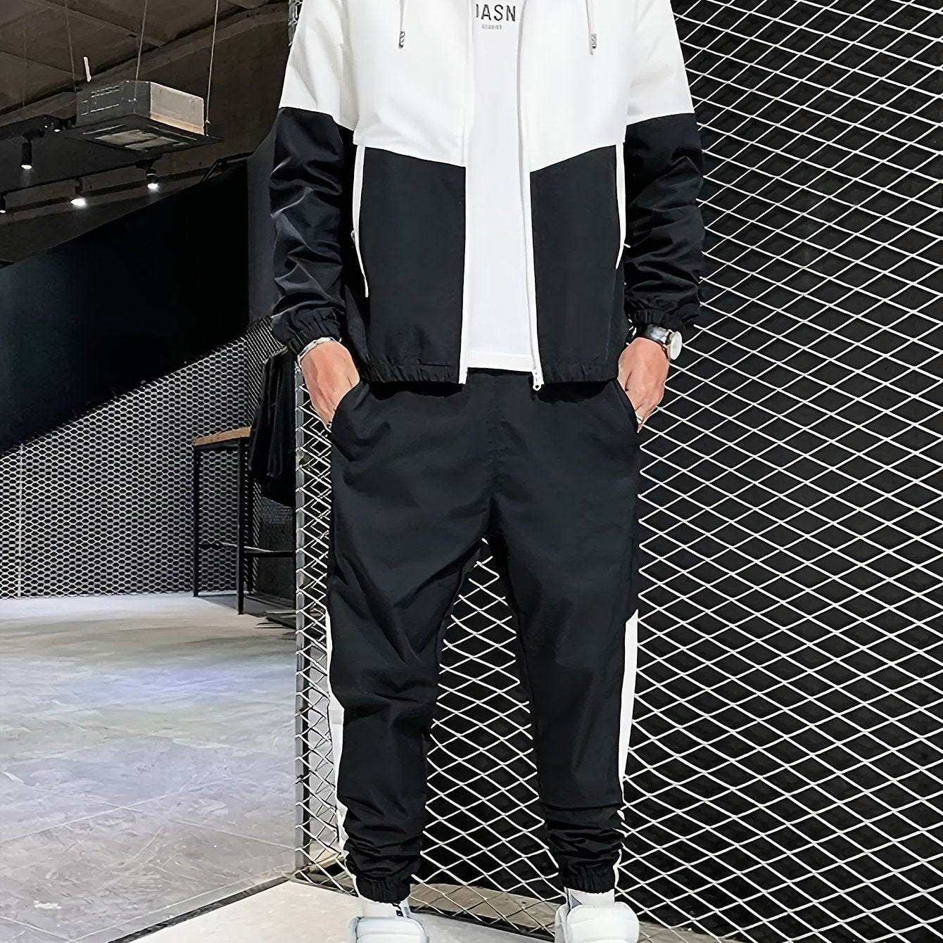 Men's Athletic Hoodie and Pants Set Blue White Color Block Polyester Spring Fall Sportswear