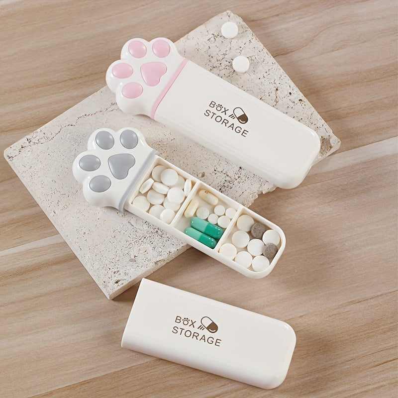 Mini Cat Paw Pill Organizer Portable Medication Box with 3 Compartments