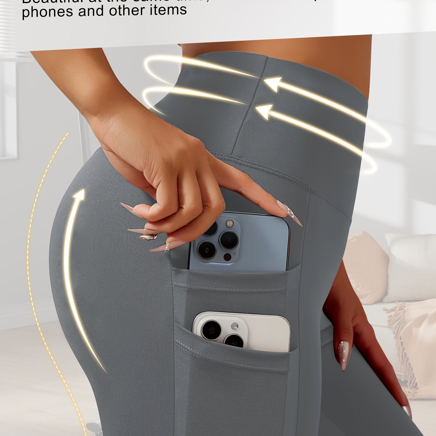 Leggings de talla grande con cintura alta y bolsillos, de poliéster elástico y elastano