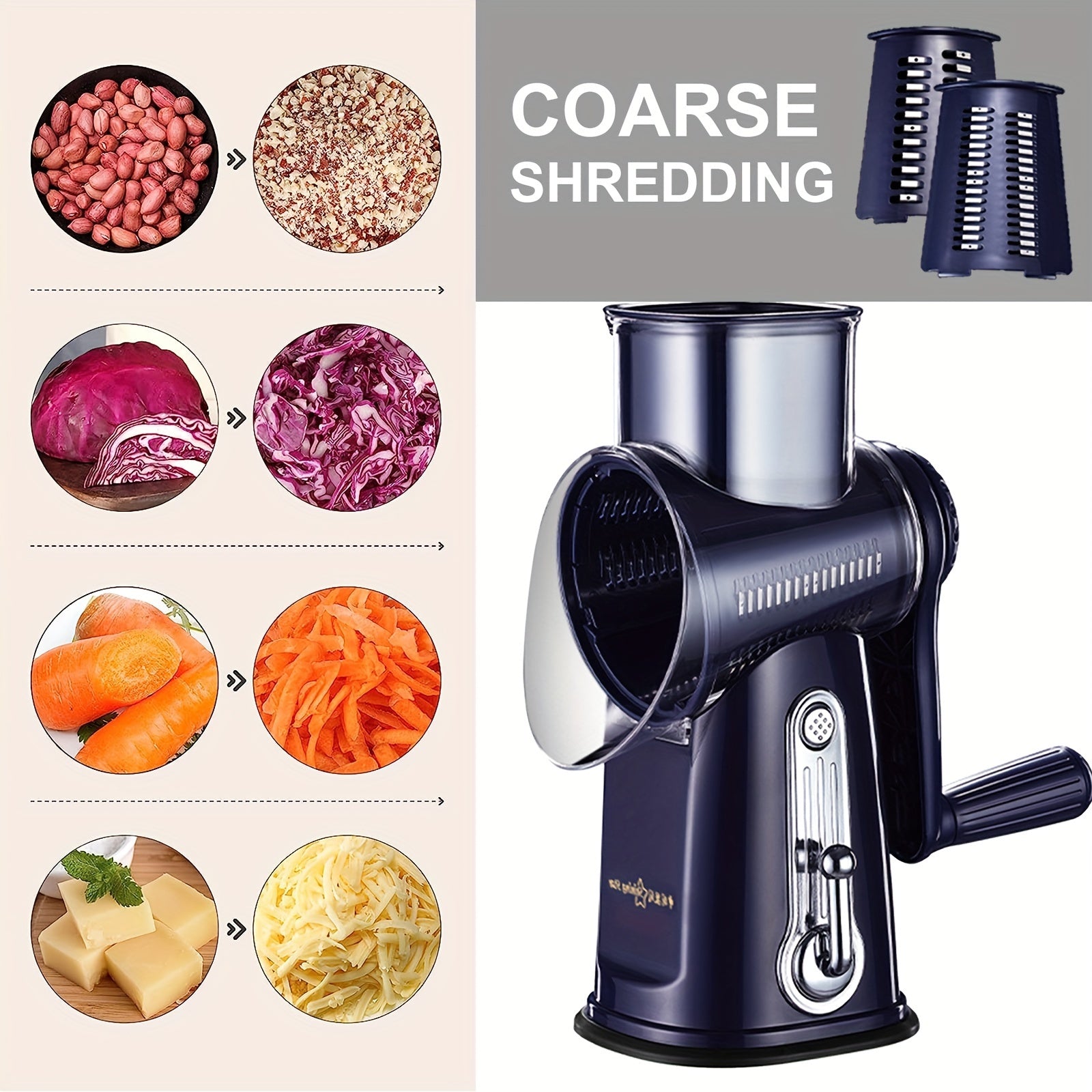 5-in-1 Rotary Cheese Grater Slicer Vegetable Walnut Grinder with Suction Base