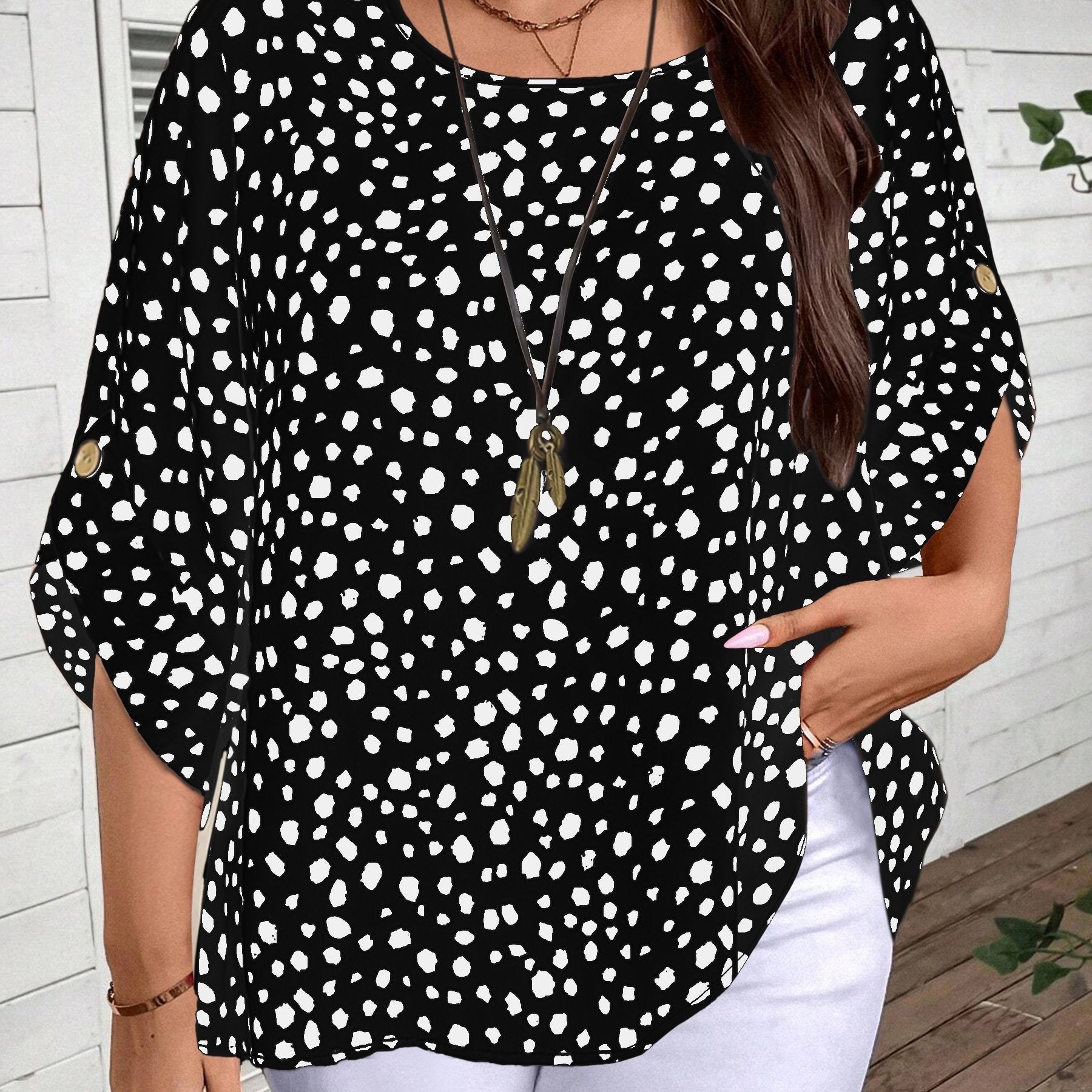 Ayollar uchun plussayz, butun yuzali bosma, 3/4 uzunlikdagi, krujka bo'yinli ko'ylak