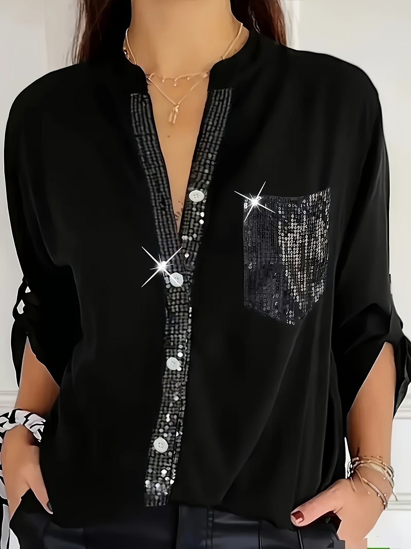 Women's V-Neck Blouse with Sequin Details Solid Color Long Sleeve Spring Fall