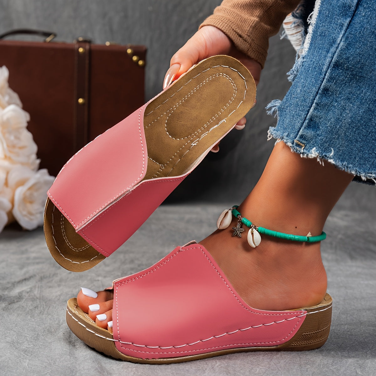 Women's Black and Brown Cork Slide Sandals Open Toe Casual Summer Shoes