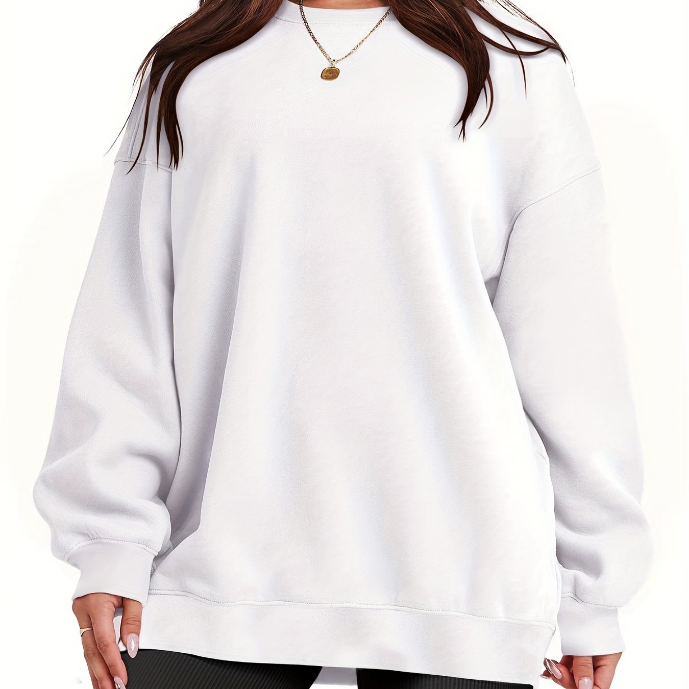 Women's Loose Cotton Long Sleeve Hoodie Round Neck Solid Color Pullover