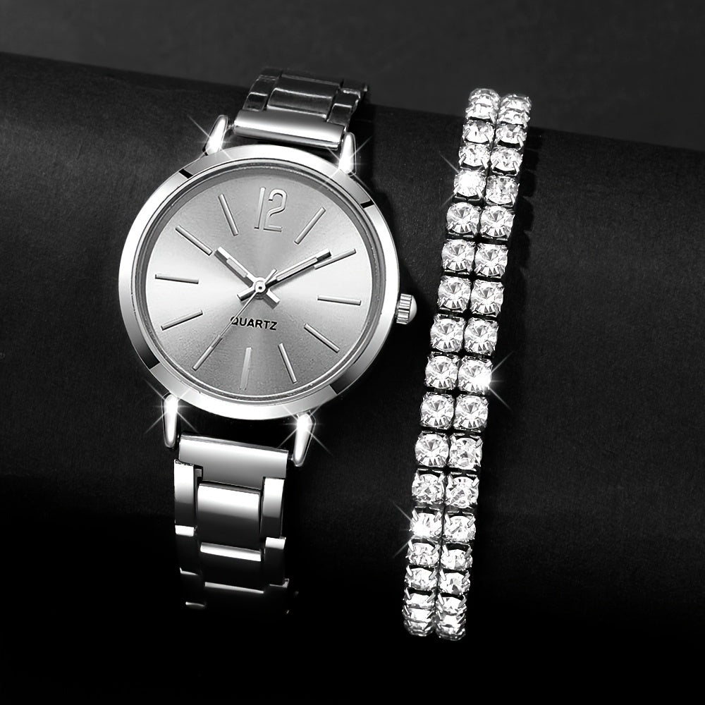 6pcs Stainless Steel Quartz Watch Set with Rhinestone Bracelets for Women