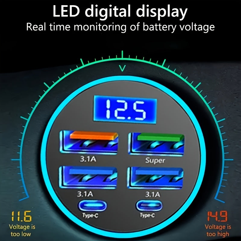 6-в-1 Быстрый автомобильный зарядный адаптер с двумя USB PD QC3.0 LED-дисплеем из металла