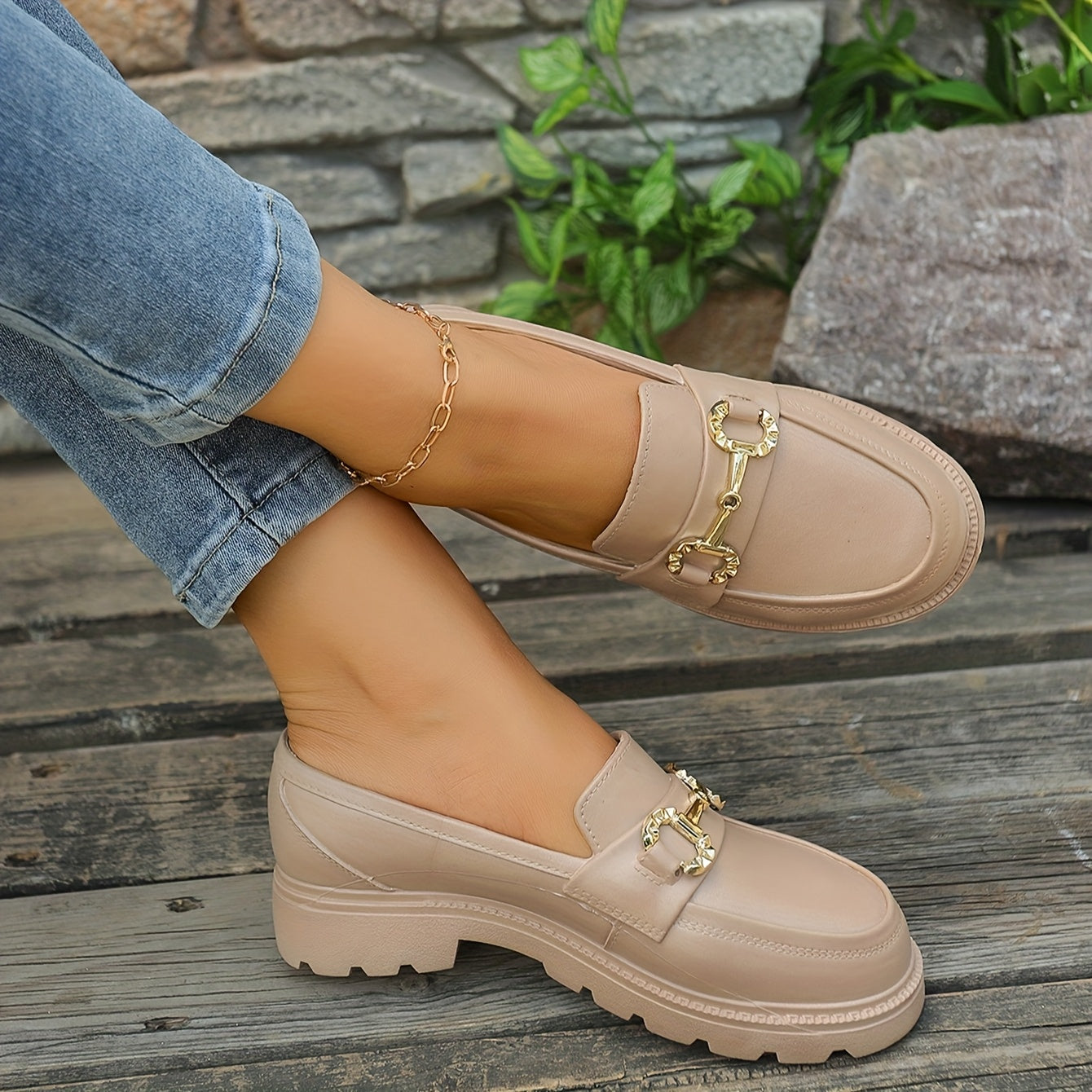 Women Golden Metallic Loafers Slip-On Round Toe Casual Formal Shoes