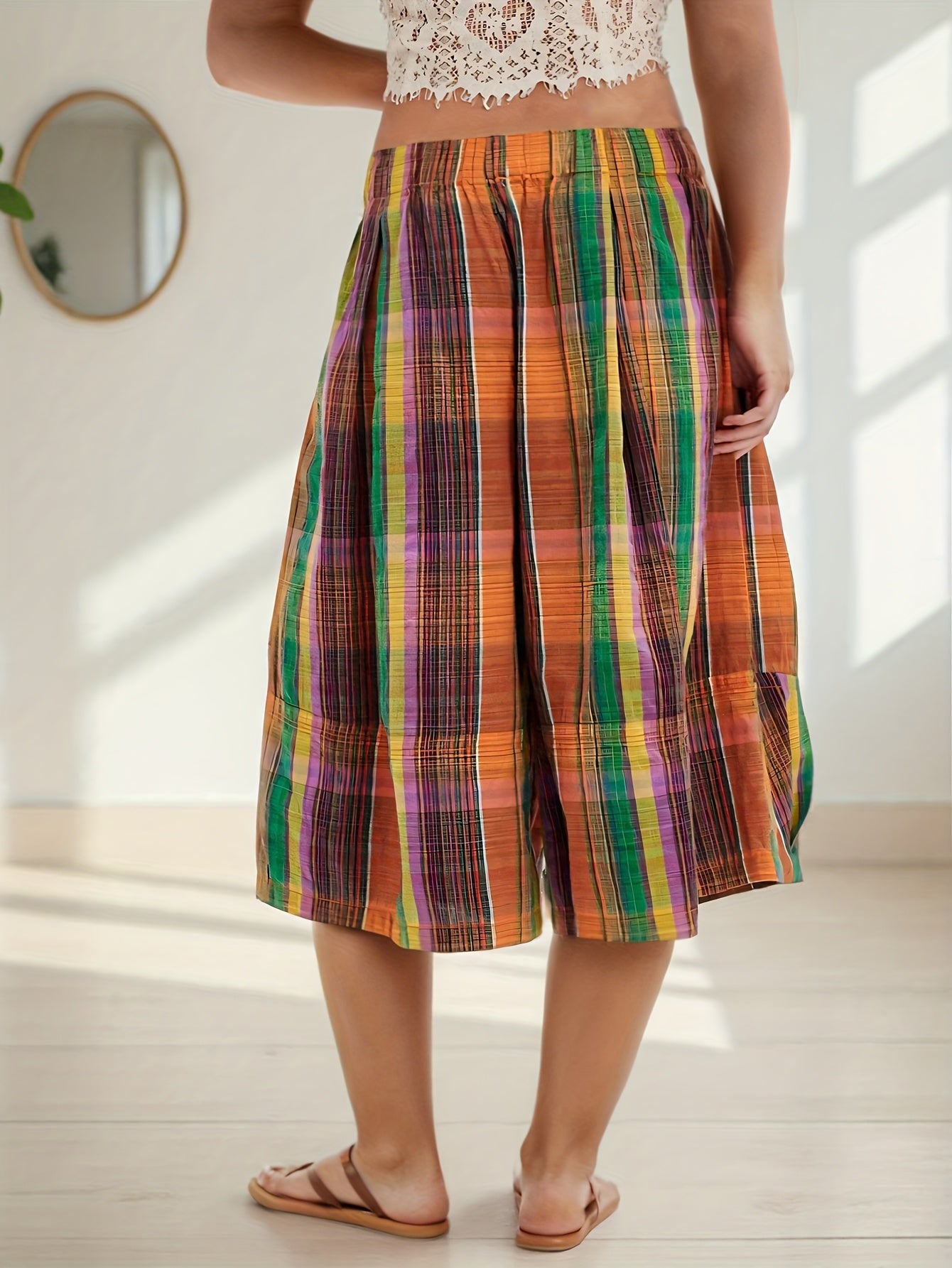 Women Plus Size Summer Beach Palazzo Pants Colorful Striped Loose Fit