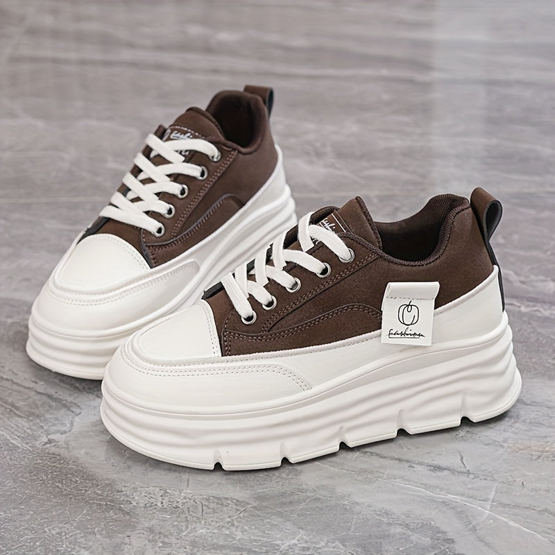 Women's Casual Low-Top Sneakers Thick Rubber Sole Lace-Up White Brown Shoes