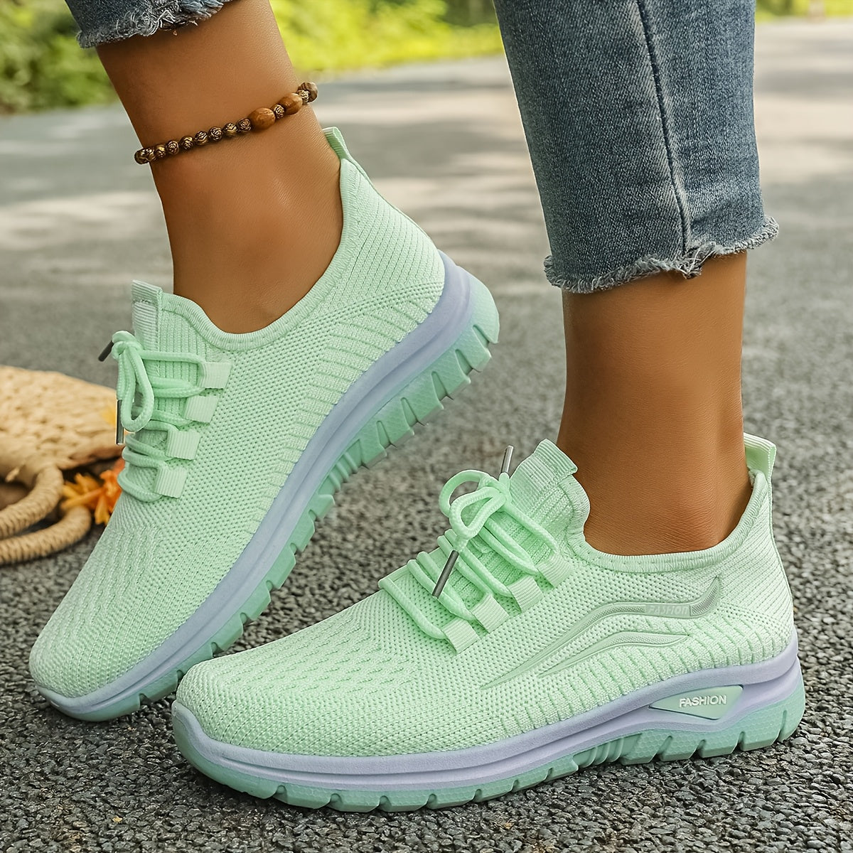 Women's Casual Knit Running Shoes with Lace-Up Patterned Design