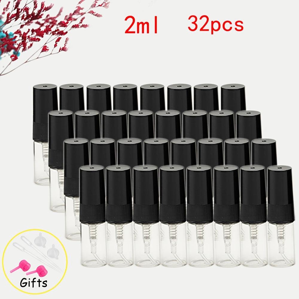 56 прозрачных стеклянных флаконов для духов с многоразовыми распылителями различных размеров, идеально подходящих для путешествий и увлажнения.