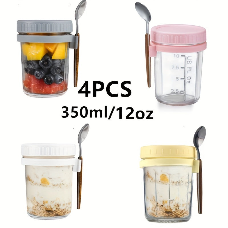 Set of 4 Glass Storage Containers 12oz Airtight Mason Jars with Lids and Spoons