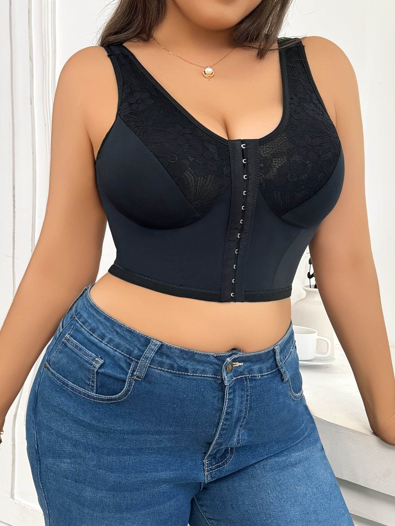 Plus Size Lace Trim Floral Print Front Closure Shaping Bra with Adjustable Straps