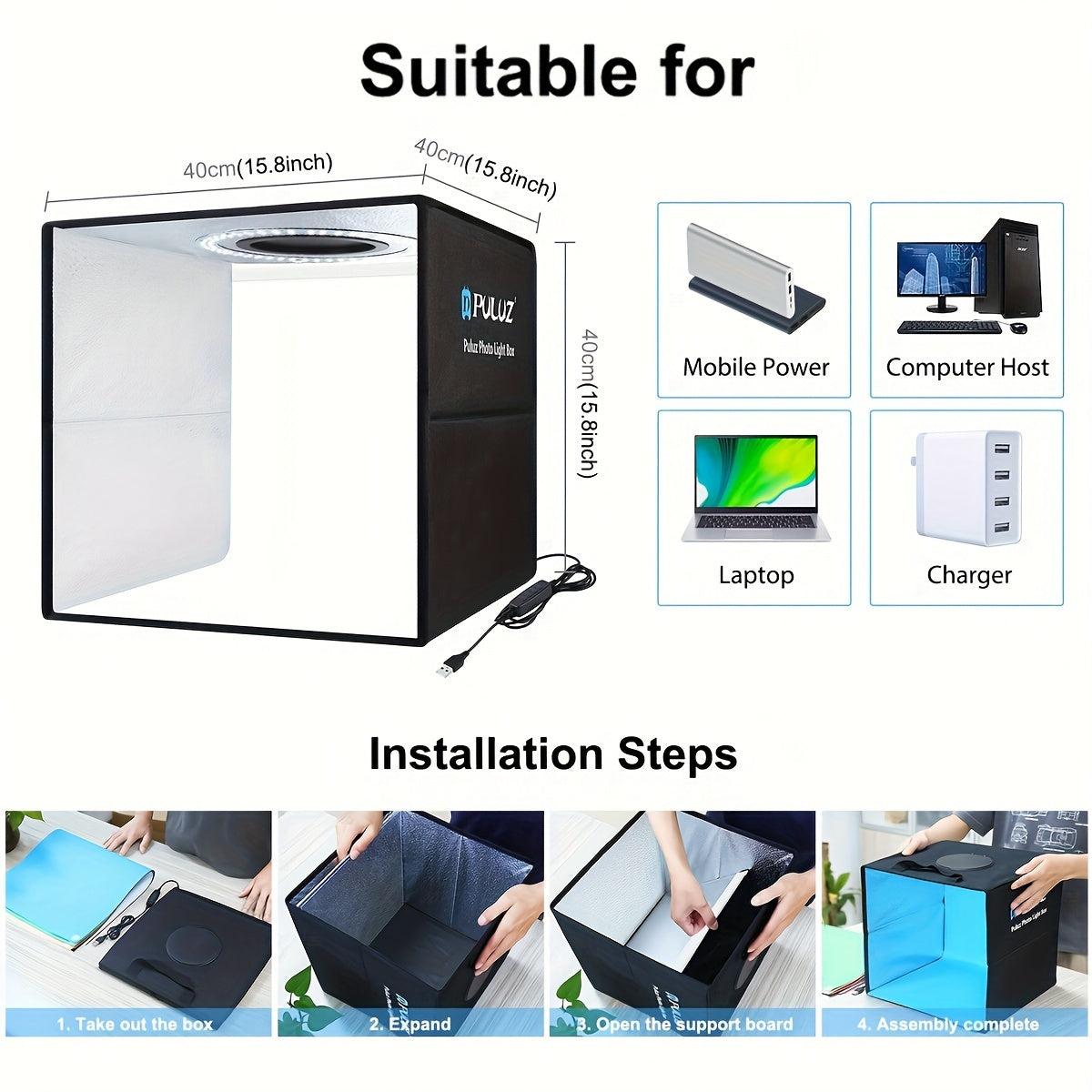 15.8 Inch Photo Studio Light Box with 160 LED Soft Light and 6 Dual-Side Color Backdrops